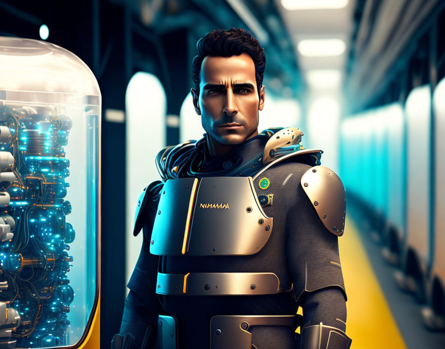 Male humanoid robot with advanced armor in futuristic corridor with blue lights