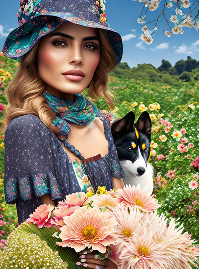Woman in Floral Hat with Dog in Flower Field
