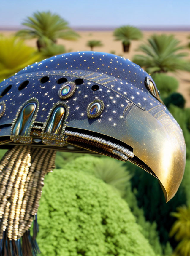 Eagle-shaped helmet with star patterns and jewels in desert setting