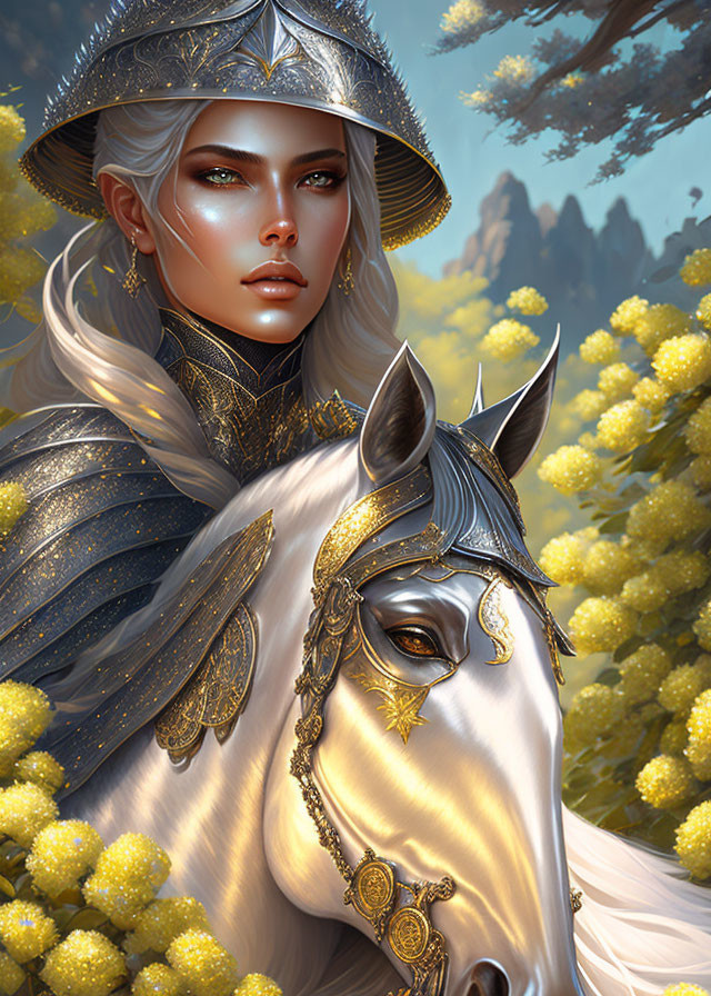 Woman in Elegant Armor with Horse in Ornate Tack Surrounded by Yellow Blossoms