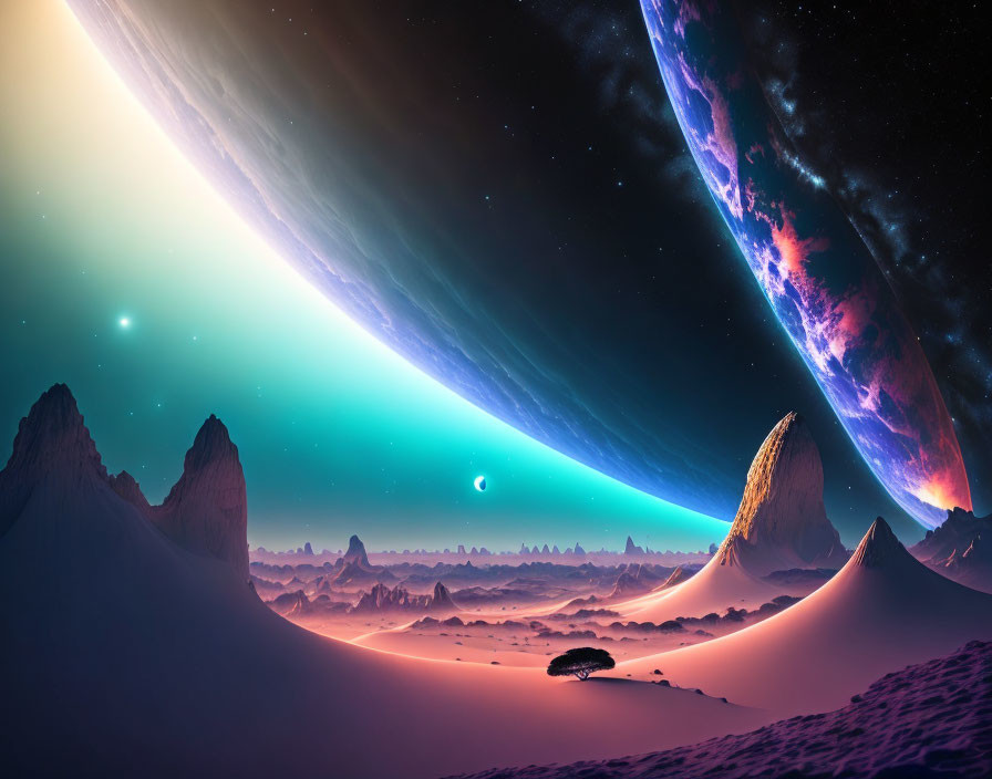 Surreal landscape with towering mountains and massive planets under starlit sky
