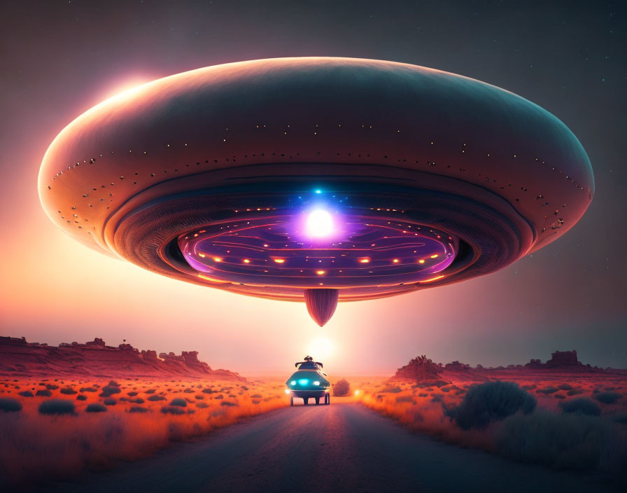 Futuristic UFO emitting light over desert road at dusk