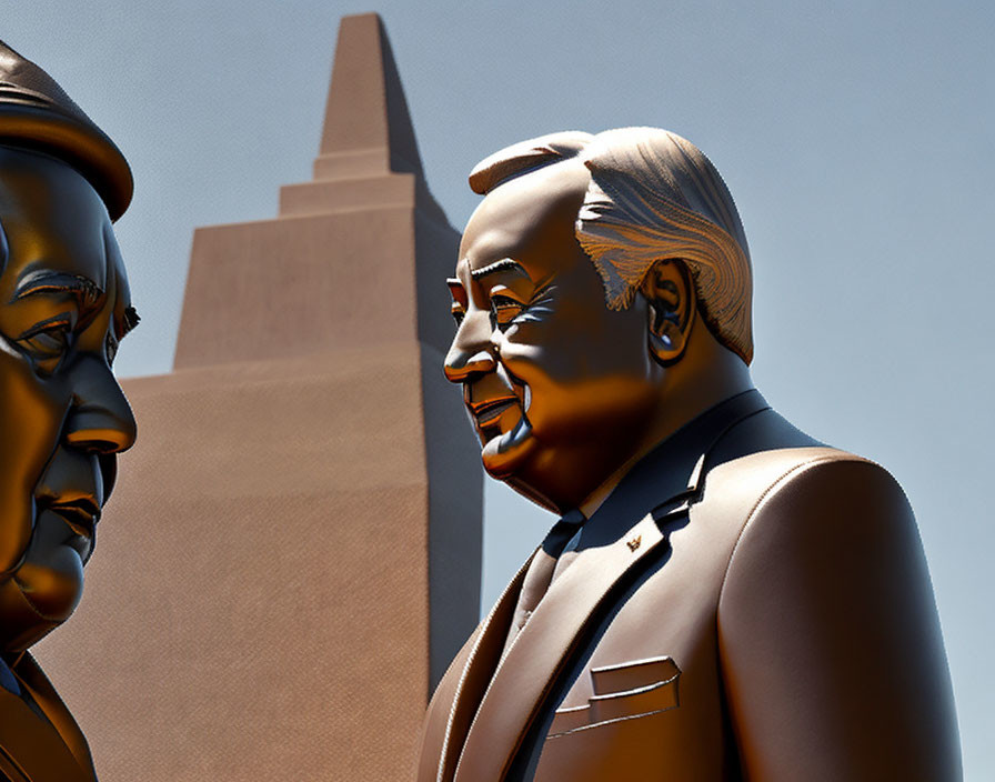 Bronze statues of historical figures in formal attire face each other against a clear sky and geometric structure.