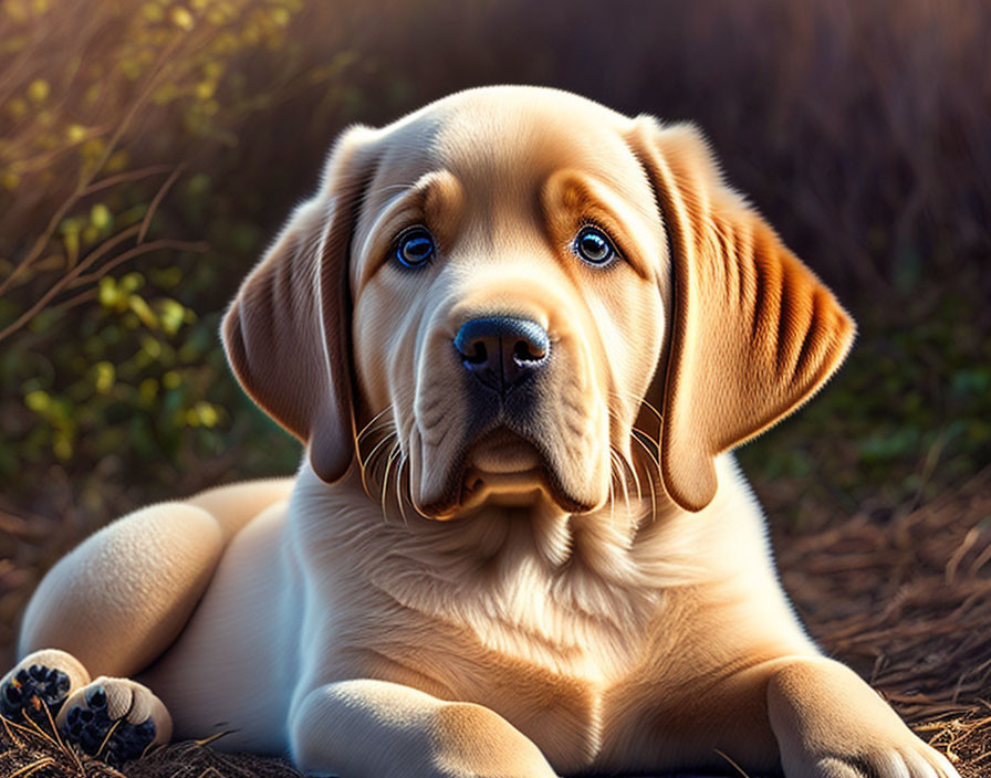 Tan Puppy with Floppy Ears and Sad Eyes in Sunlit Setting