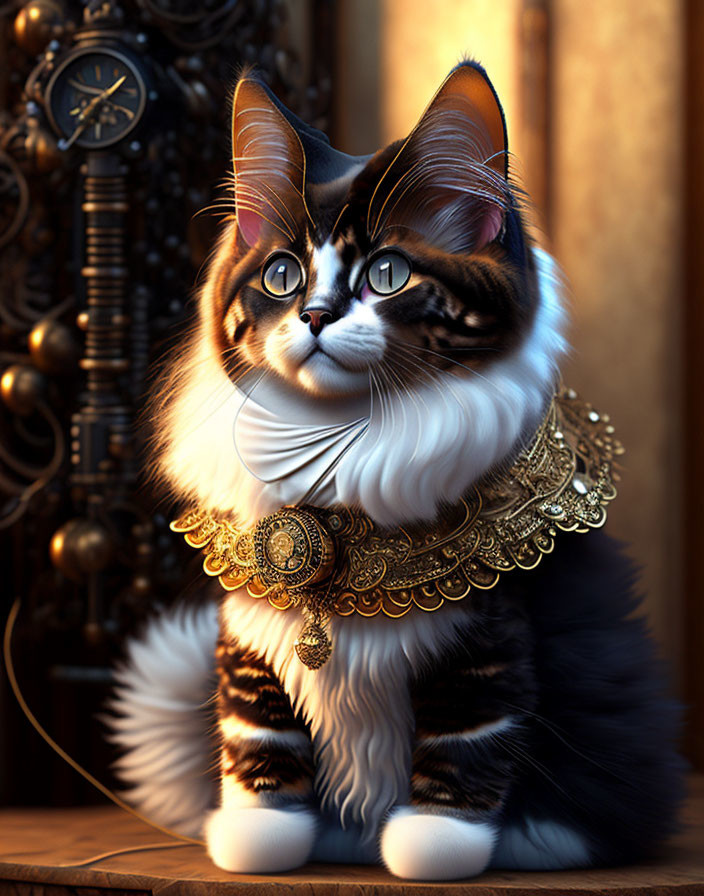 Fluffy cat with gold jewelry in vintage clock-themed setting