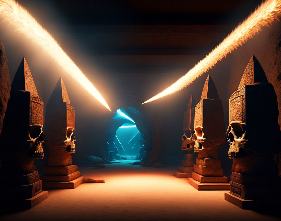 Underground chamber with skull pillars and mystical light beams