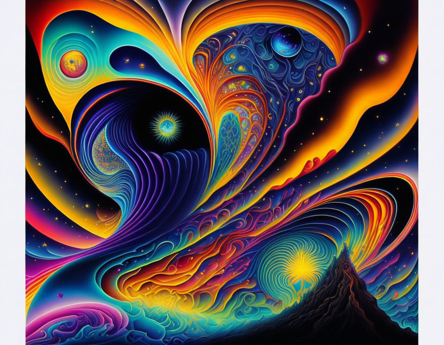 Colorful psychedelic art with swirling patterns and celestial bodies in blue, orange, and purple hues on a