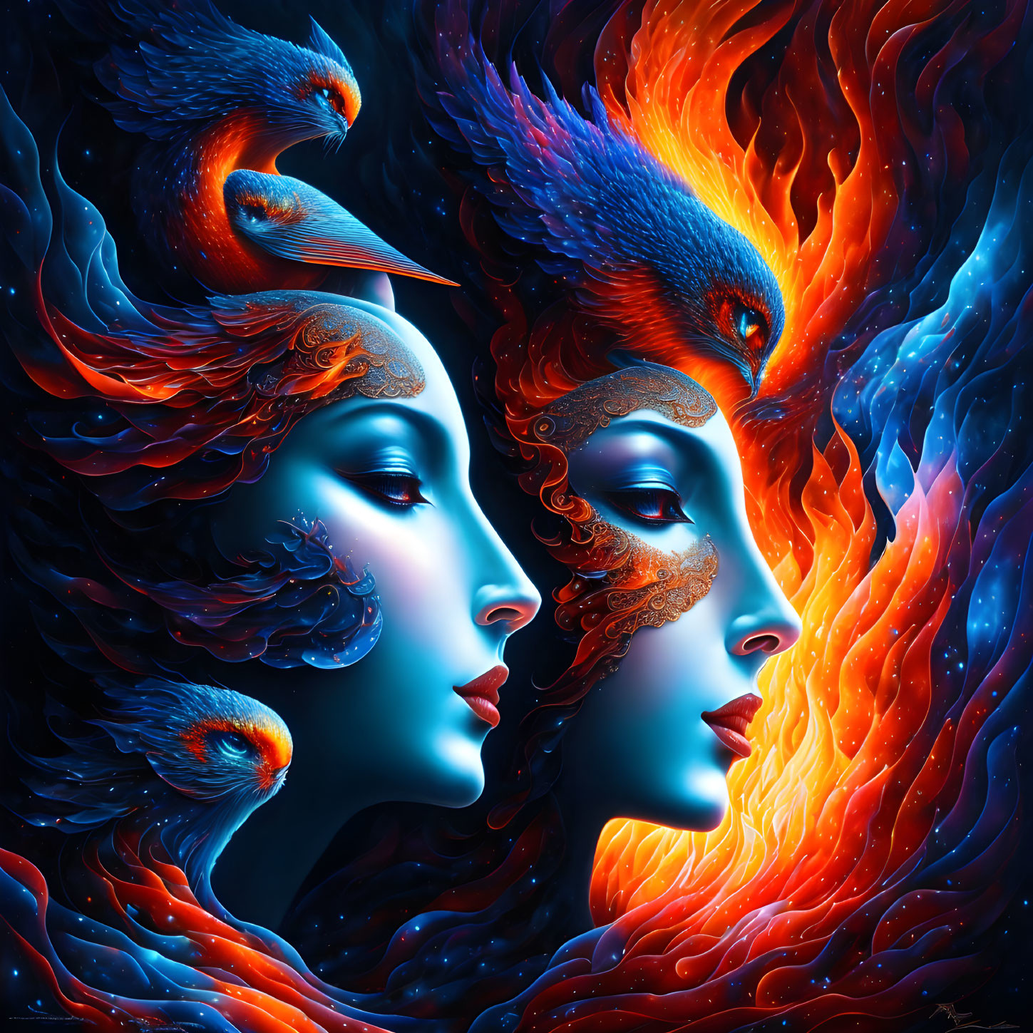 Digital artwork: Two faces in profile, one blue, one red, surrounded by flames and feathers
