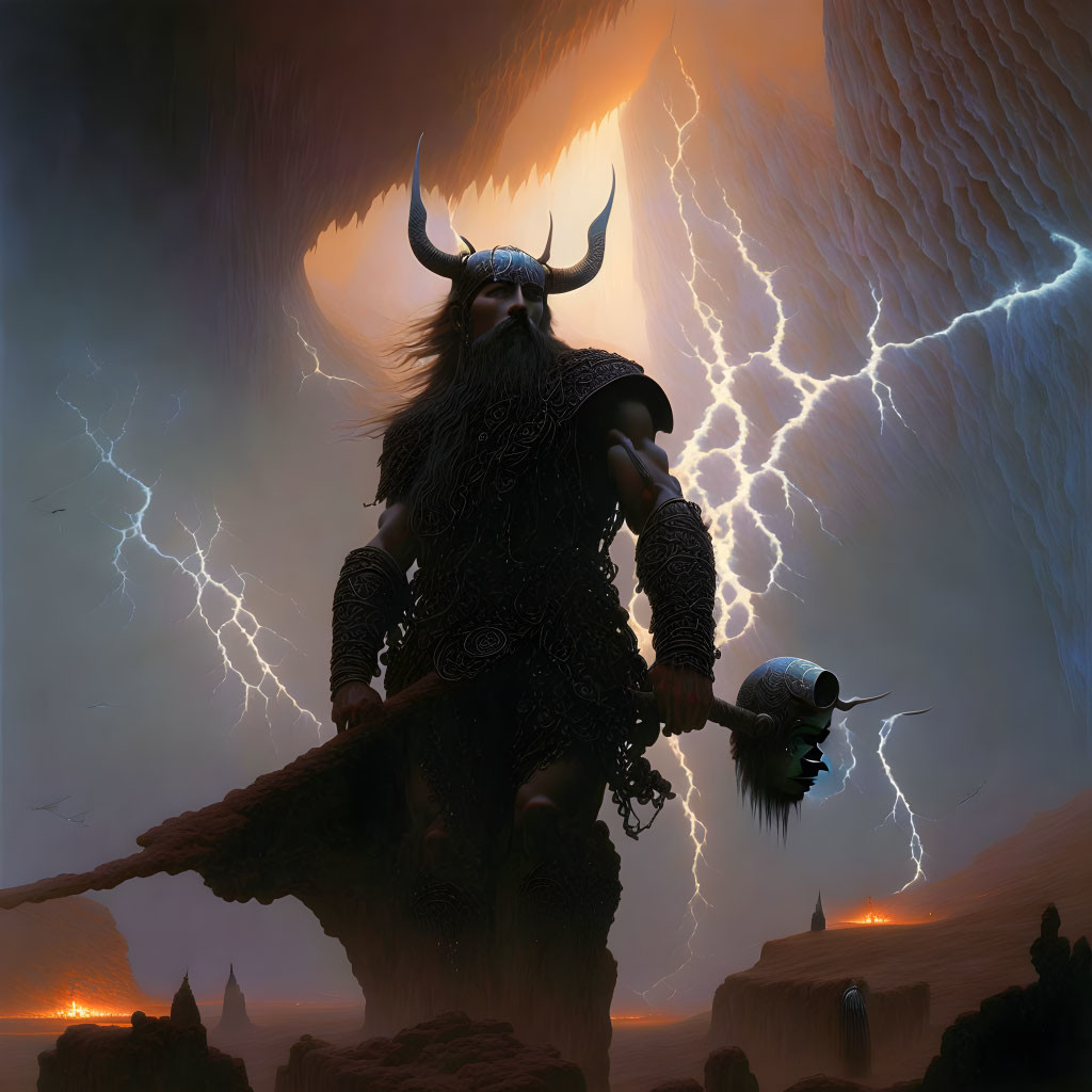 Viking warrior on cliff with hammer under stormy sky