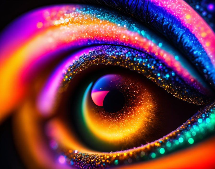 Vibrant glitter-coated eye with neon colors blending.