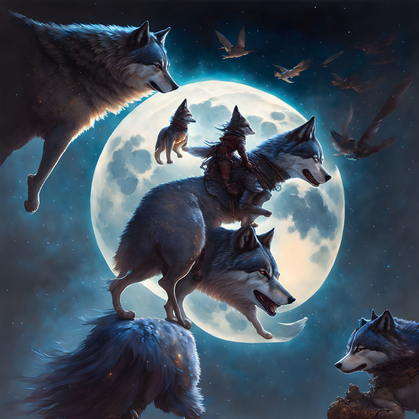 Fantasy art of wolves howling under full moon with bats in starry night.