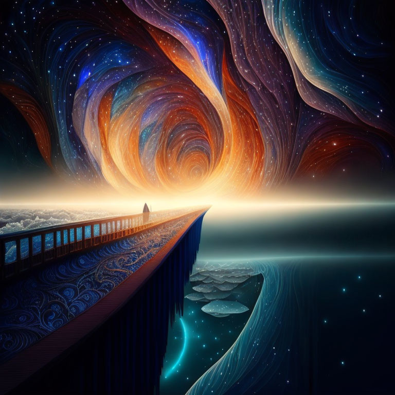 Person on Bridge under Swirling Cosmic Sky and Vibrant Horizon