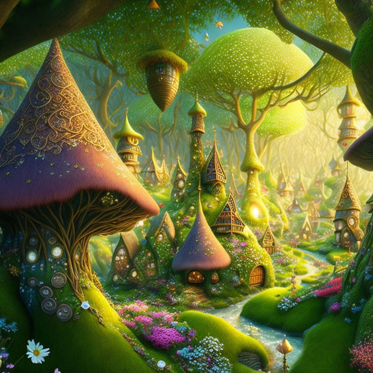 Fantasy Forest with Mushroom Houses and Lanterns