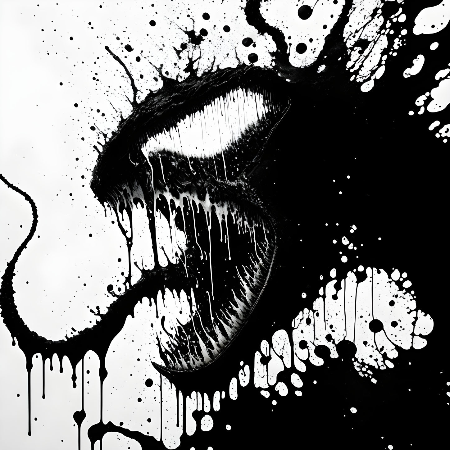 Monochrome stylized mouth with sharp teeth and sinister grin in splattered ink