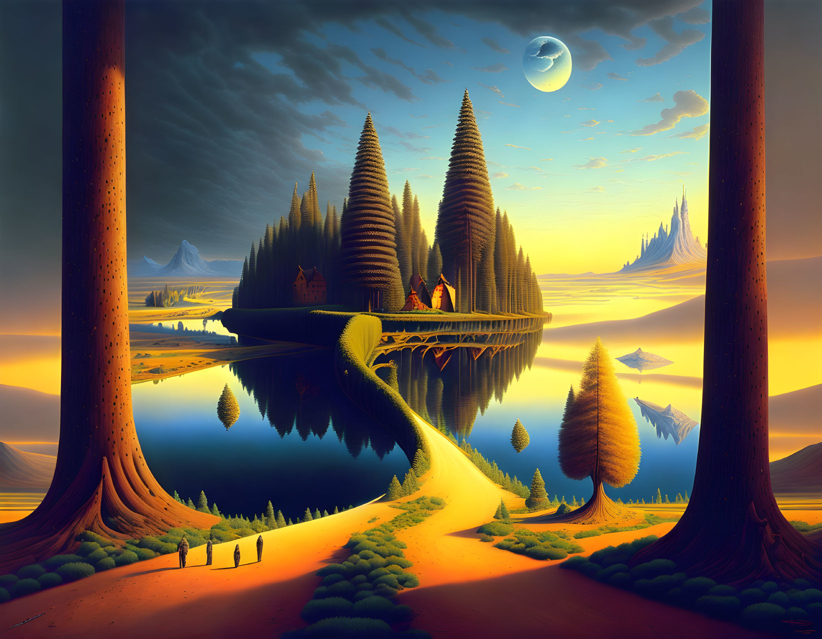 Surreal landscape with towering trees, winding path, conical hills, reflective lake, moonlit