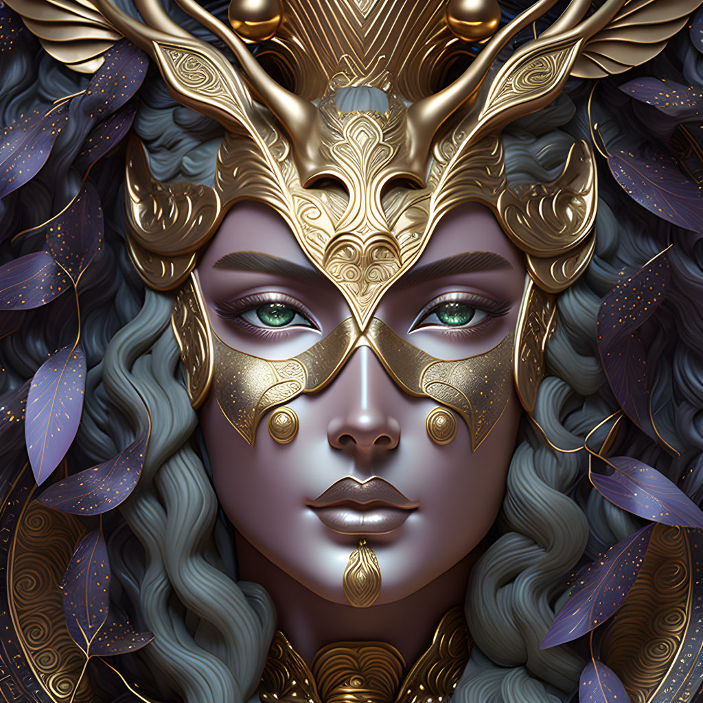 Female Fantasy Portrait with Golden Headgear and Green Eyes surrounded by Metallic Leaves