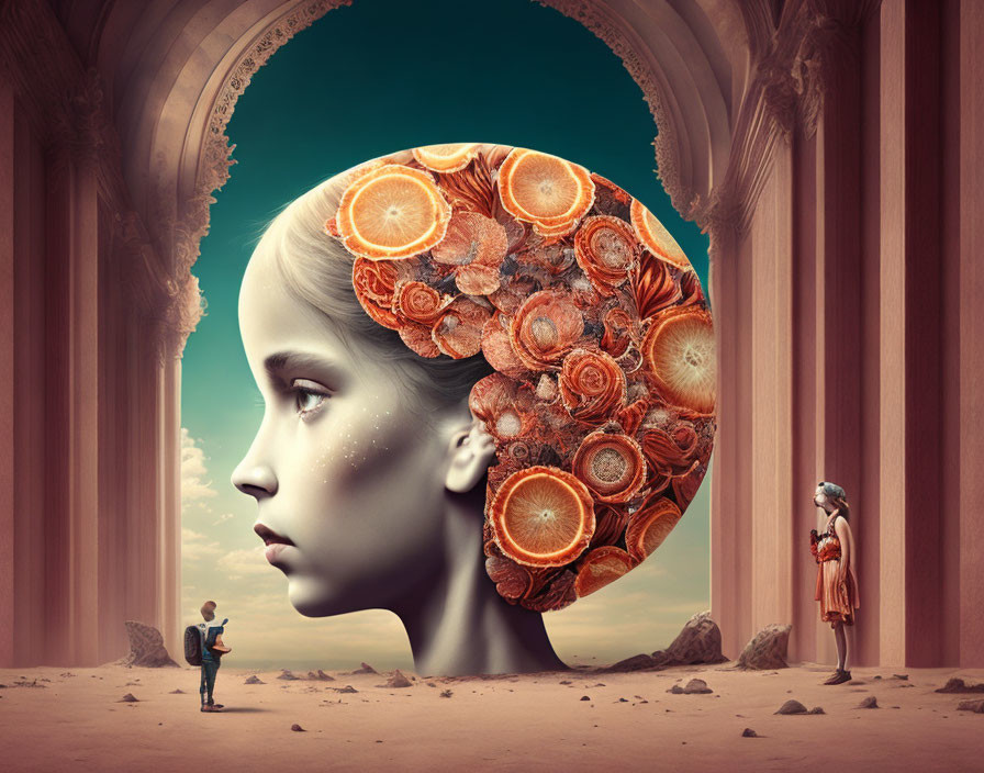 Surreal giant head with citrus slices for hair in desert landscape