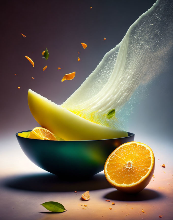 Fruit bowl with milk splash and floating pieces on gradient background
