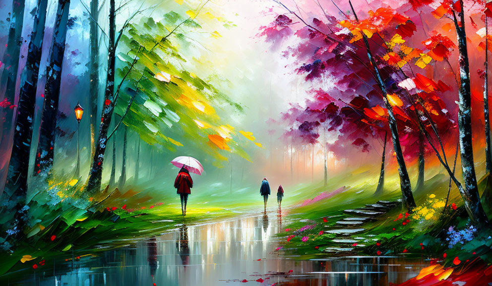Colorful Impressionistic Painting of Two People with Umbrellas in Forest