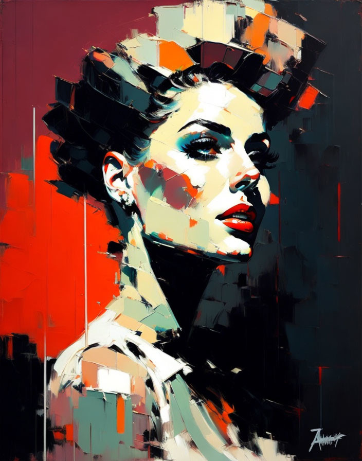 Abstract modern art: Stylized portrait of a woman with bold red accents