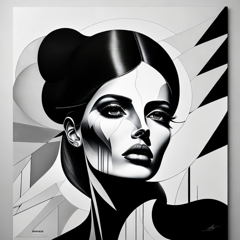 Stylized woman with dramatic makeup on geometric background and signature
