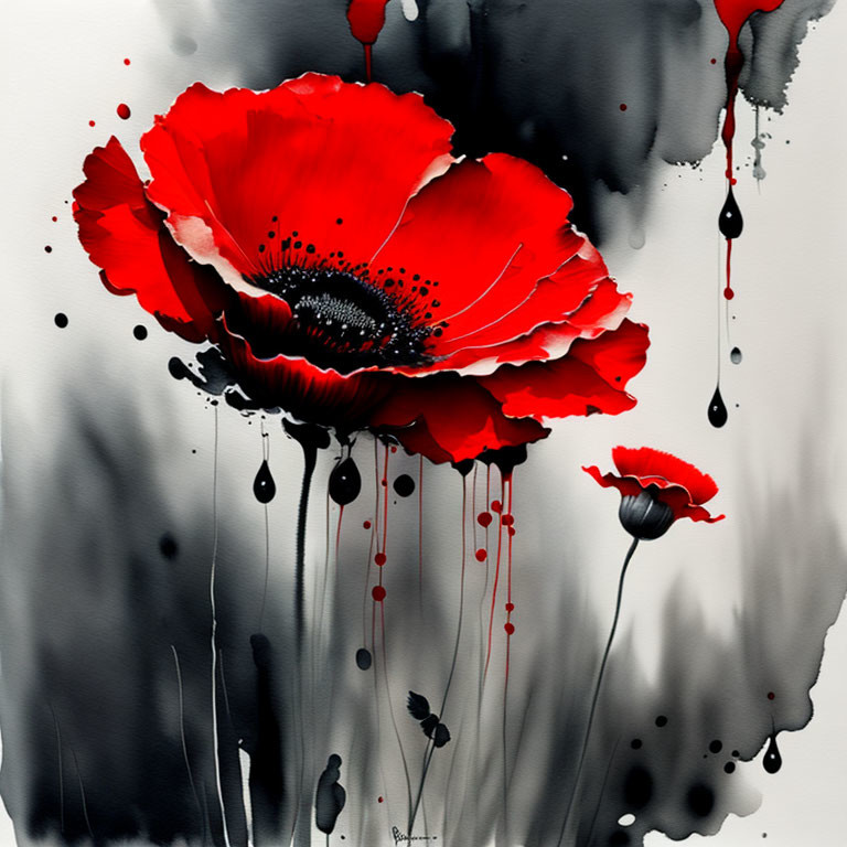 Poppy bouquet , grey scale and red, ink painting