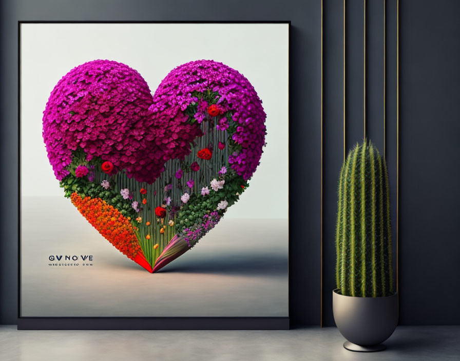 Heart-shaped flower artwork with cactus in room