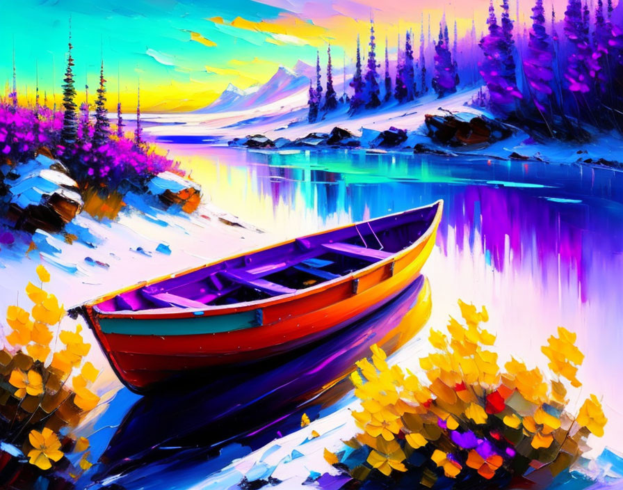 Boat, purple and yellow flowers