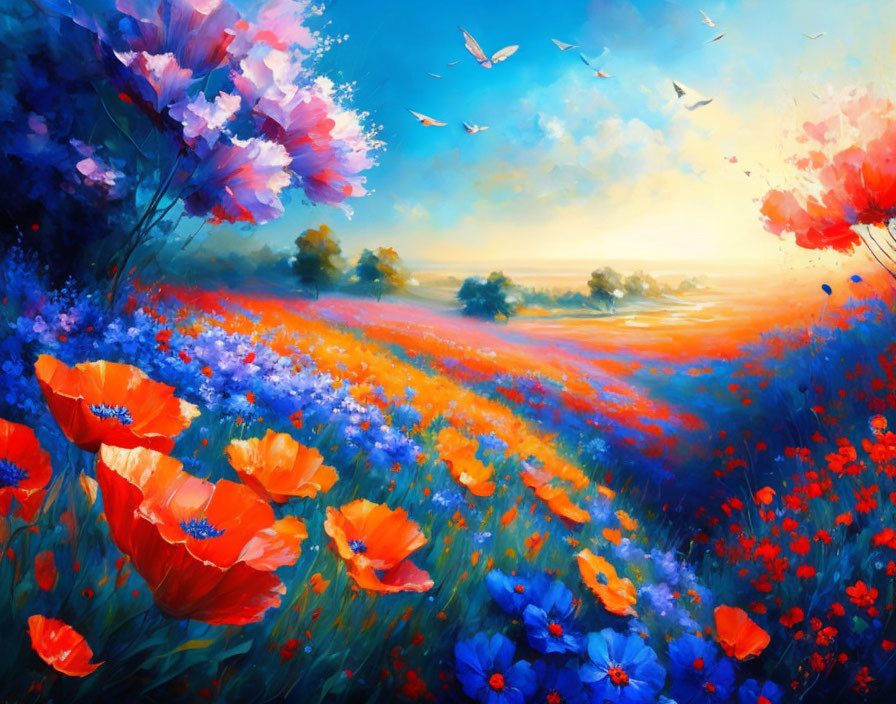 Colorful Flower Field Painting: Sunset Scene with Birds and Blooms