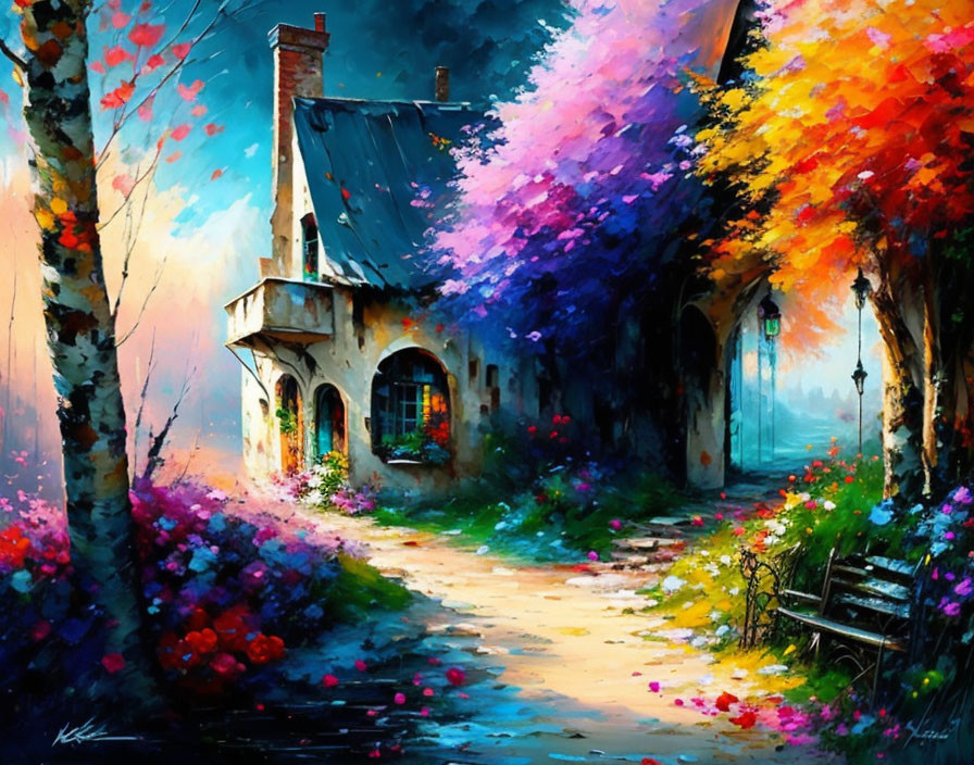 Colorful Painting of Cottage Surrounded by Trees and Flowers