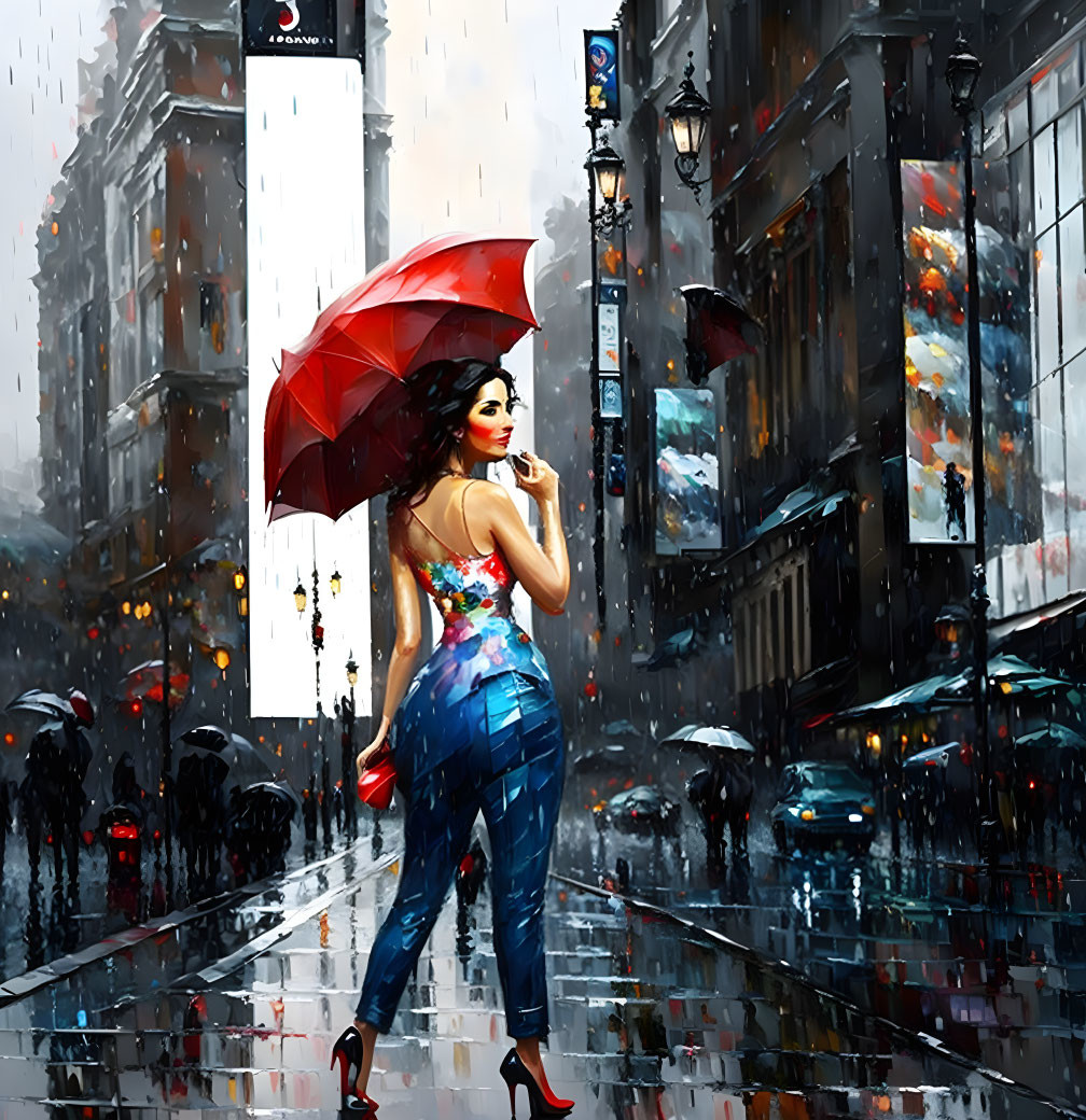 Woman with Red Umbrella Walking in Rainy City Street