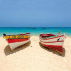 Colorful boats on shore with vibrant flowers under bright blue sky
