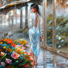 Woman in White Dress Under Umbrella Surrounded by Rain and Flowers