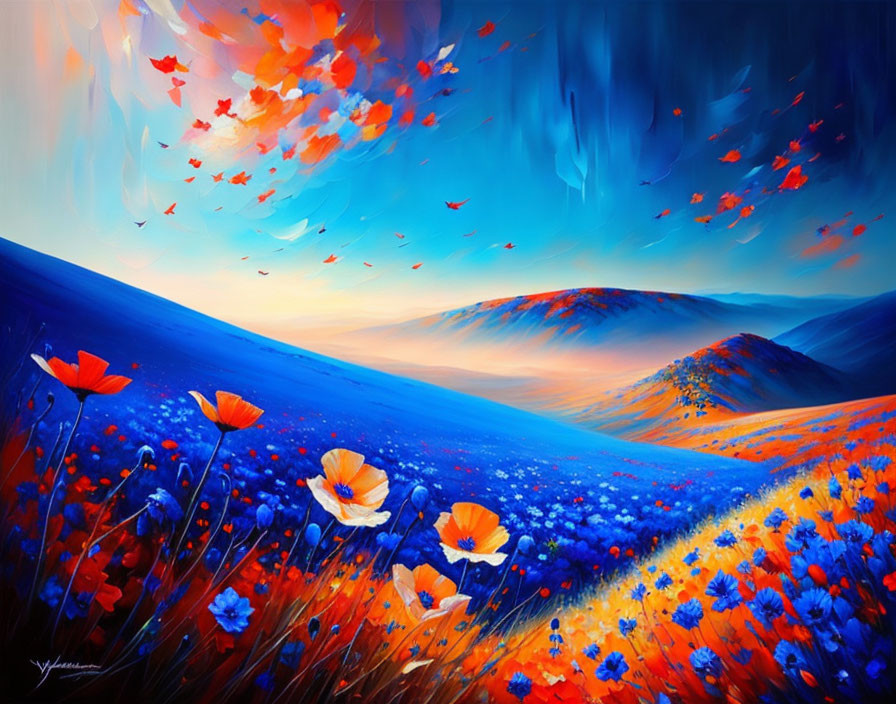 Colorful painting of blue flower field with red poppies under dynamic sky.