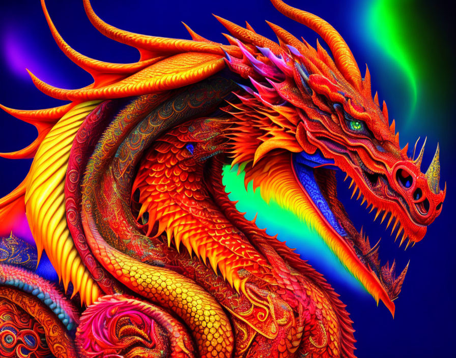 Detailed multicolored dragon artwork on dynamic background