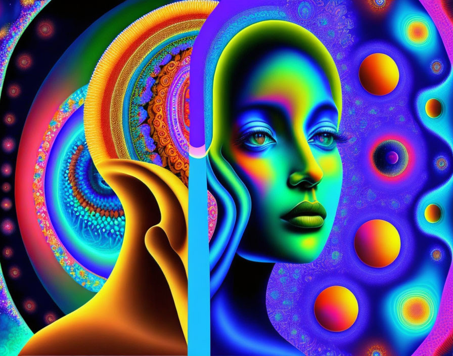 Colorful Digital Artwork: Human Profile with Psychedelic Fractal Patterns