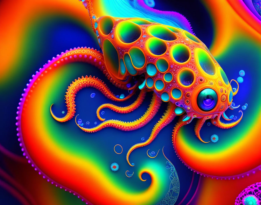 Colorful surreal octopus-like creature in neon hues on psychedelic backdrop