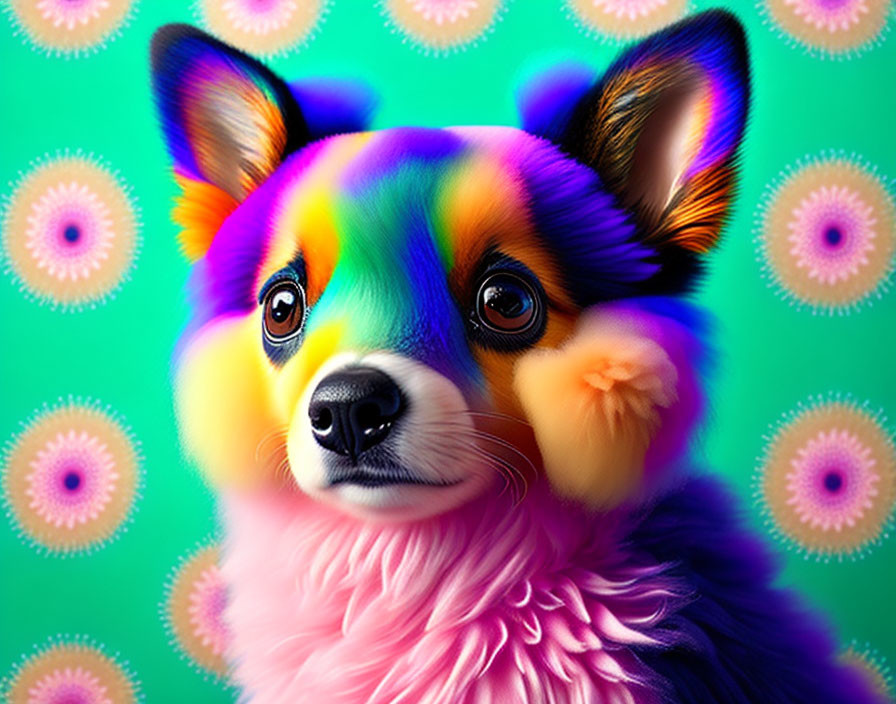 Colorful Multicolored Dog on Teal Background with Floral Patterns