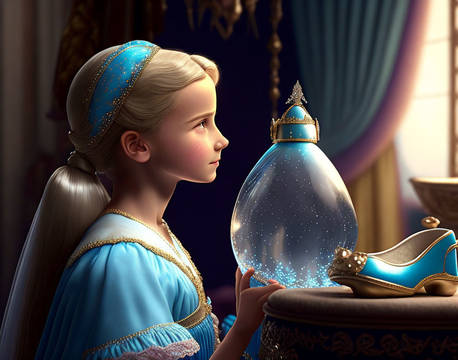 Young girl in blue dress with pearl hairpiece near glowing potion bottle and elegant shoes