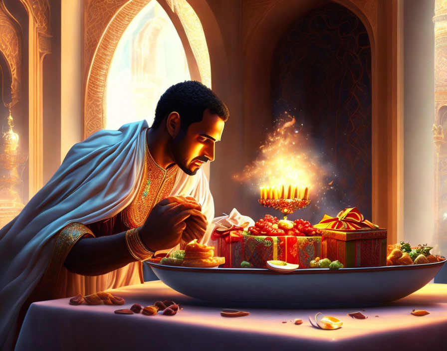Man in Ancient Middle Eastern Attire Lighting Candle on Festive Table