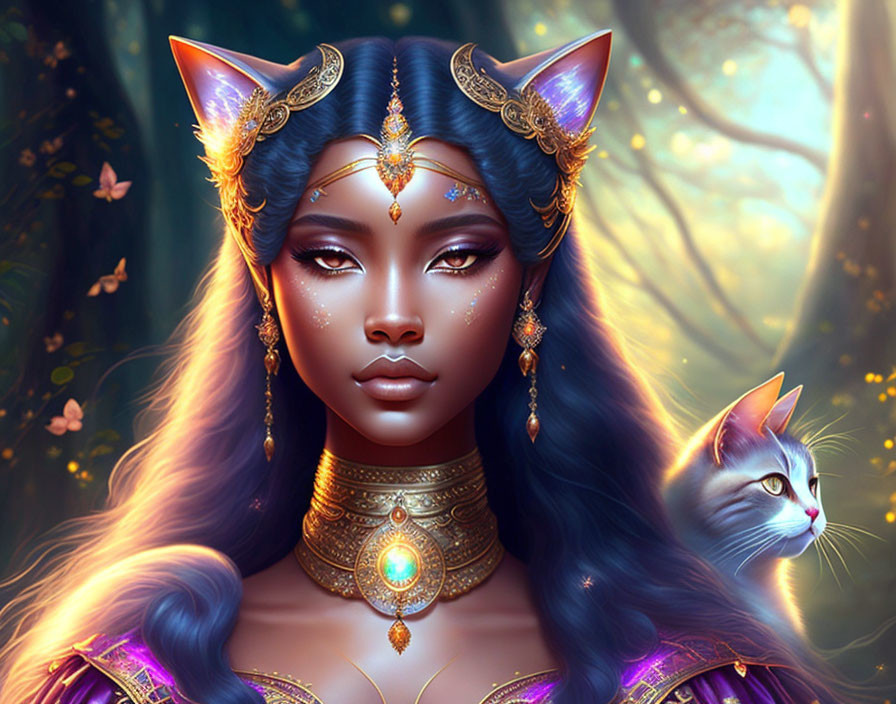 Fantasy illustration of woman with cat-like ears and mystical cat in enchanted forest