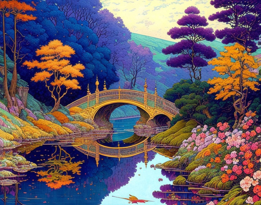Colorful Landscape with Ornate Bridge and Lush Flora