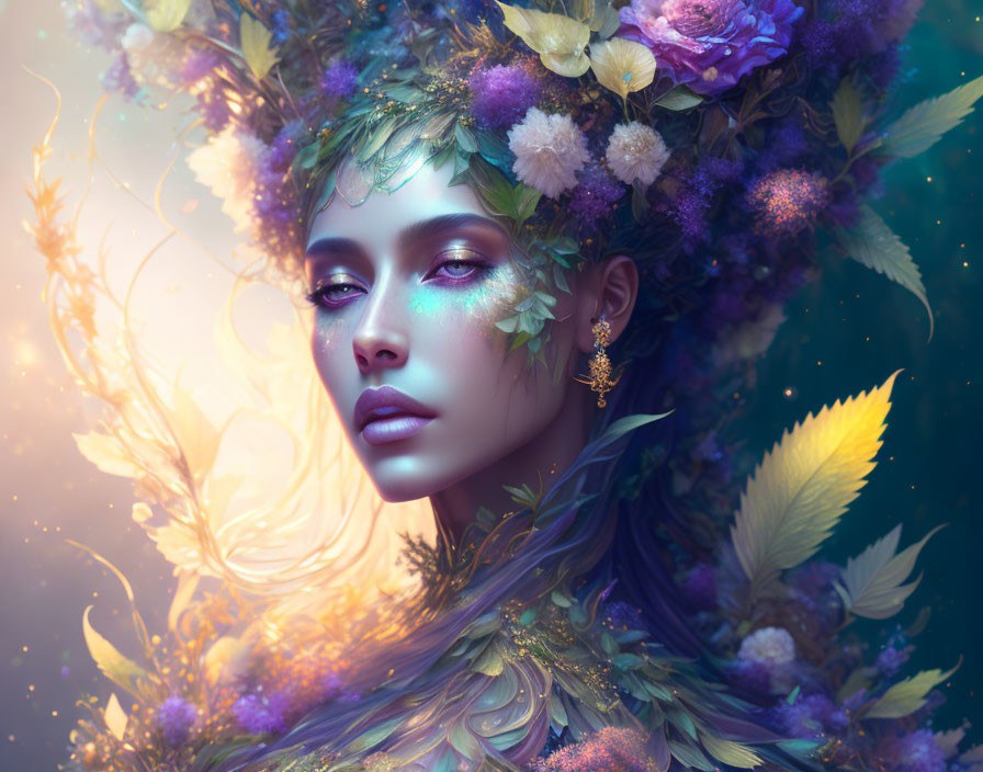 Portrait of a woman with vibrant flowers and leaves on a mystical backdrop