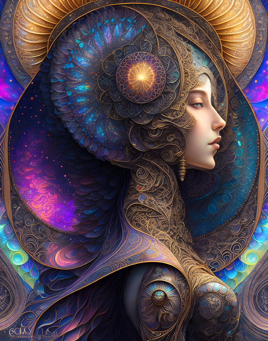 Colorful Female Artwork with Ornate Headdress & Flowing Hair