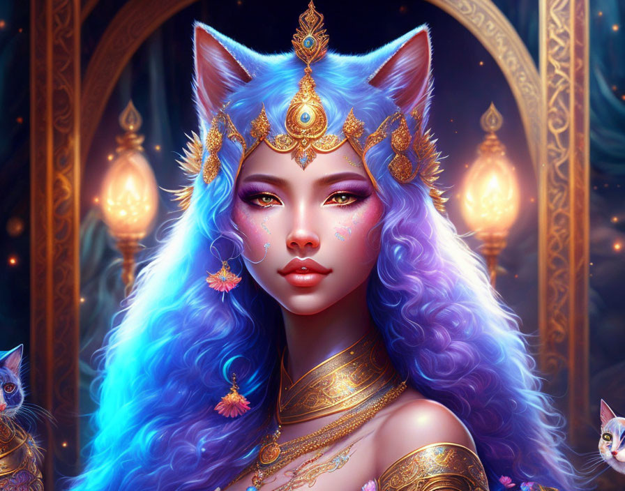 Fantasy portrait of woman with cat ears, blue hair, gold jewelry, and feline companions in