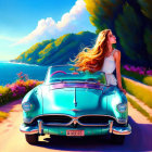 Stylish Woman Sitting on Classic Car at Colorful Beach