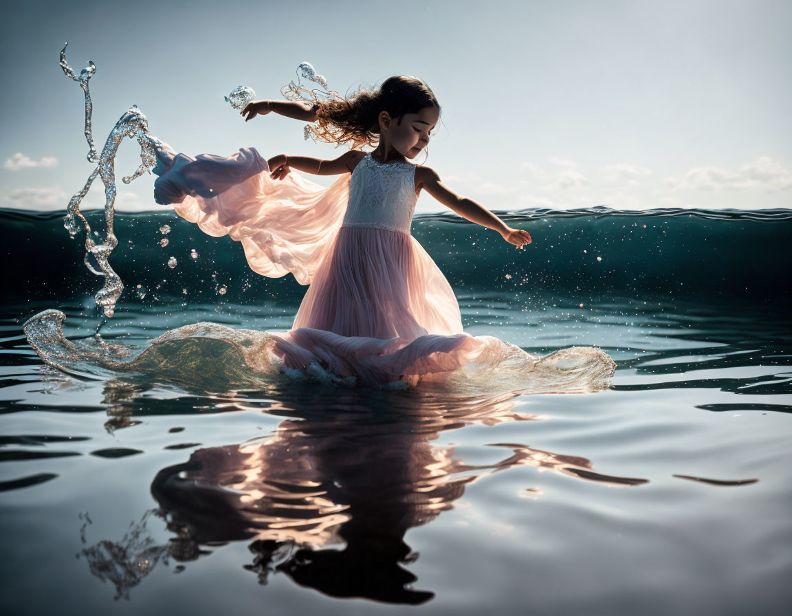 Woman in Pink Dress Dancing on Water with Dynamic Splashes