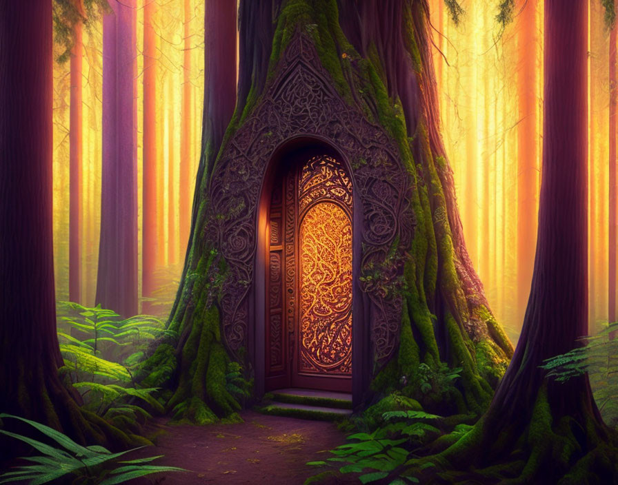 Intricate Wooden Door Set in Large Tree Trunk Forest