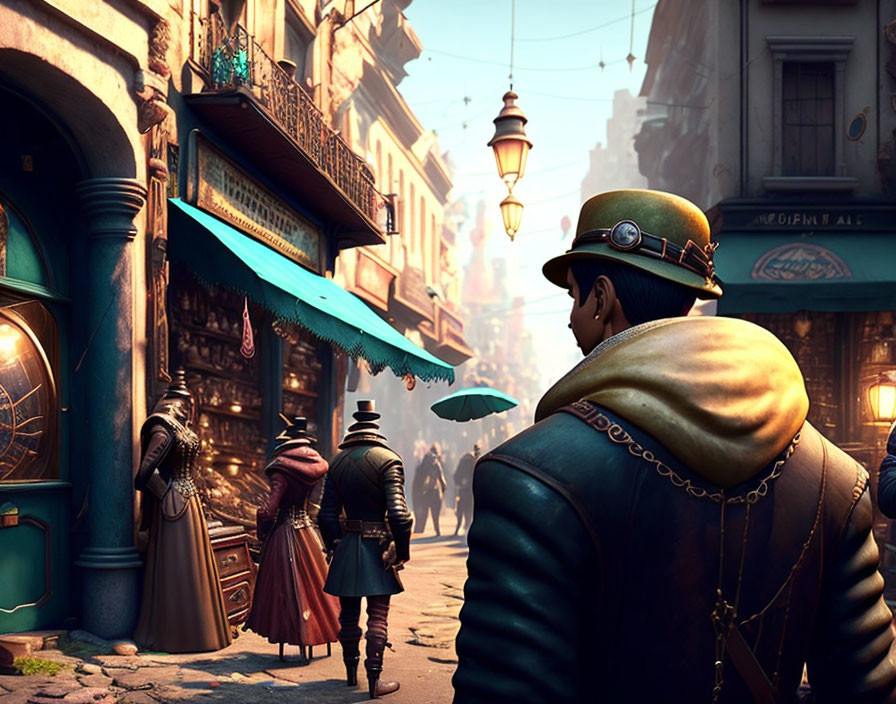 Man in green uniform observing vibrant 19th-century European street scene