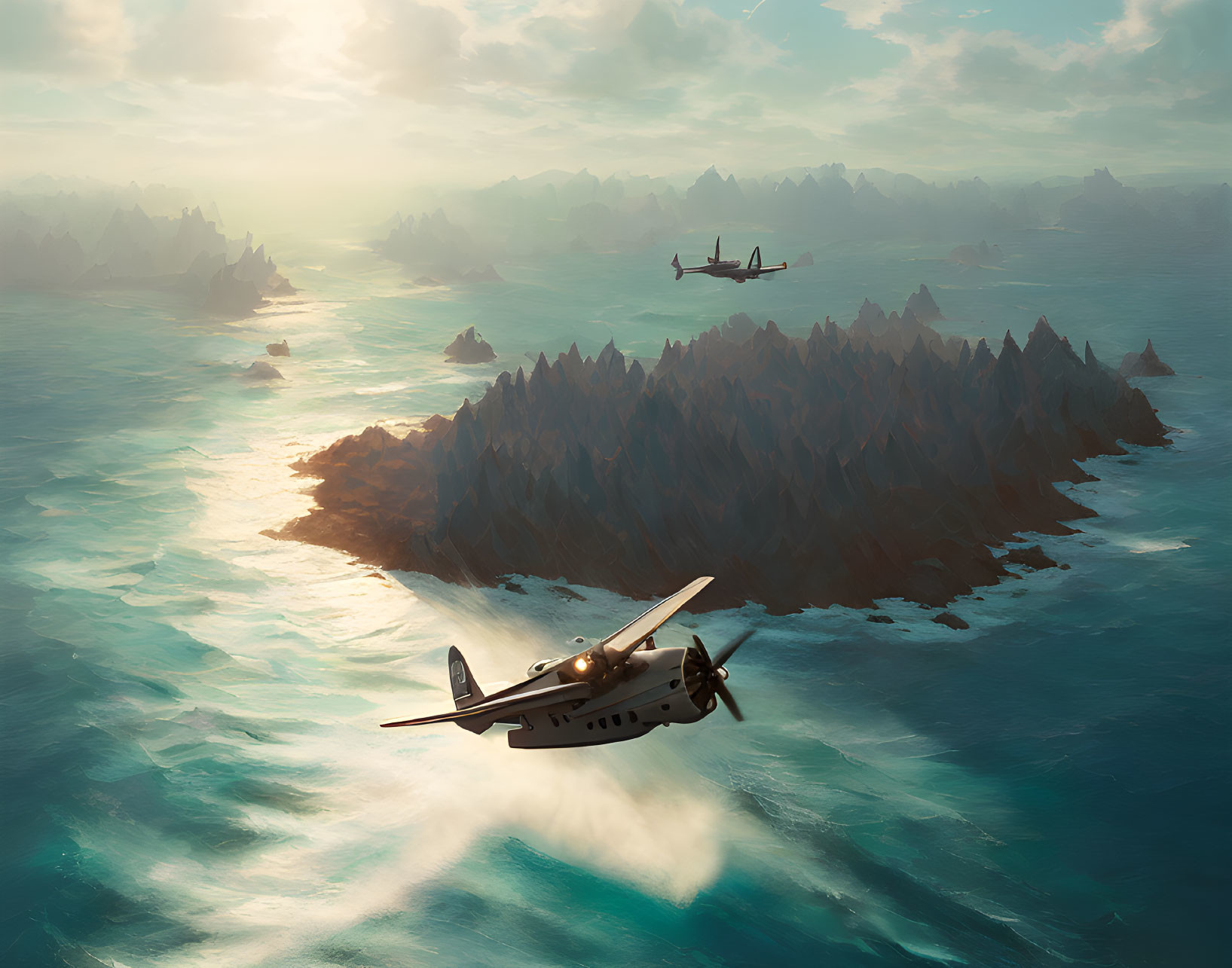 Vintage planes flying over sunlit sea with jagged rock formations.